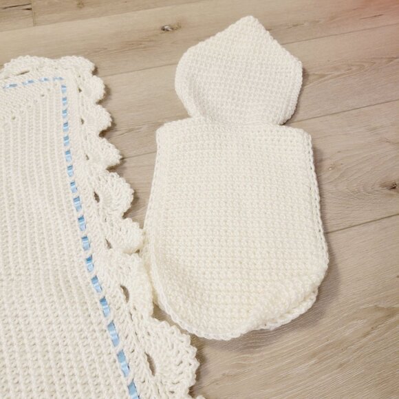 Vtg White Crocheted Baby Blanket & Hat Set Scalloped Edge & Blue Ribbon Trim - Picture 7 of 10
